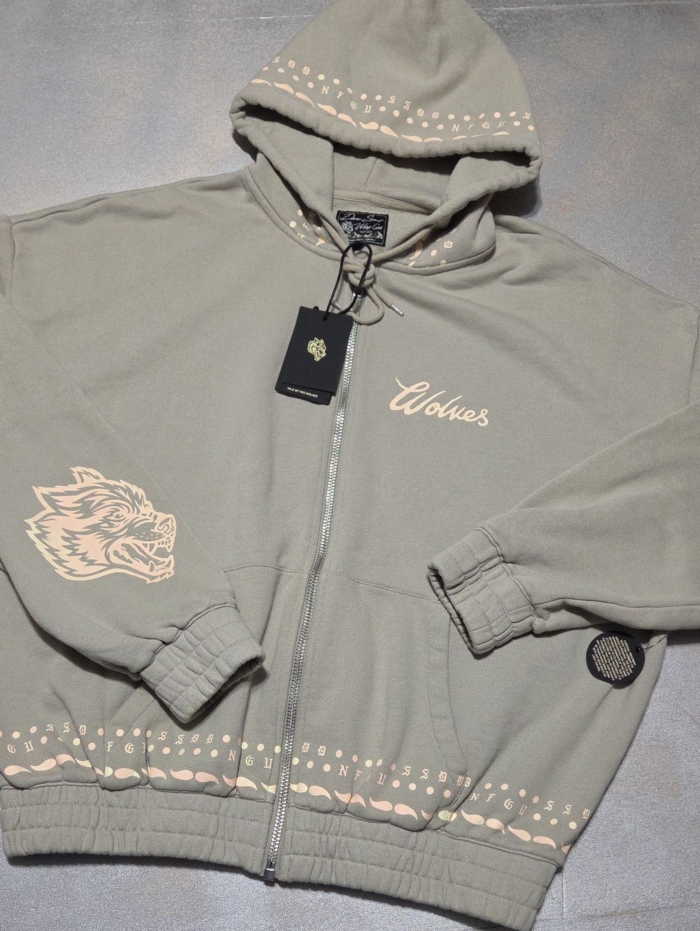 Darc Sport Sage Green Tale Of Two Wolves Zip Front Hoodie with Cream Accents